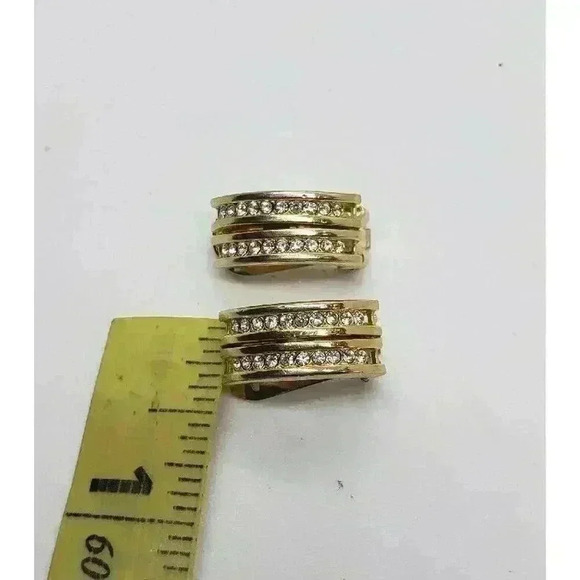 Vintage Hanae Mori Chanter Paris Clip Gold Rhinestone Earrings - Picture 11 of 11